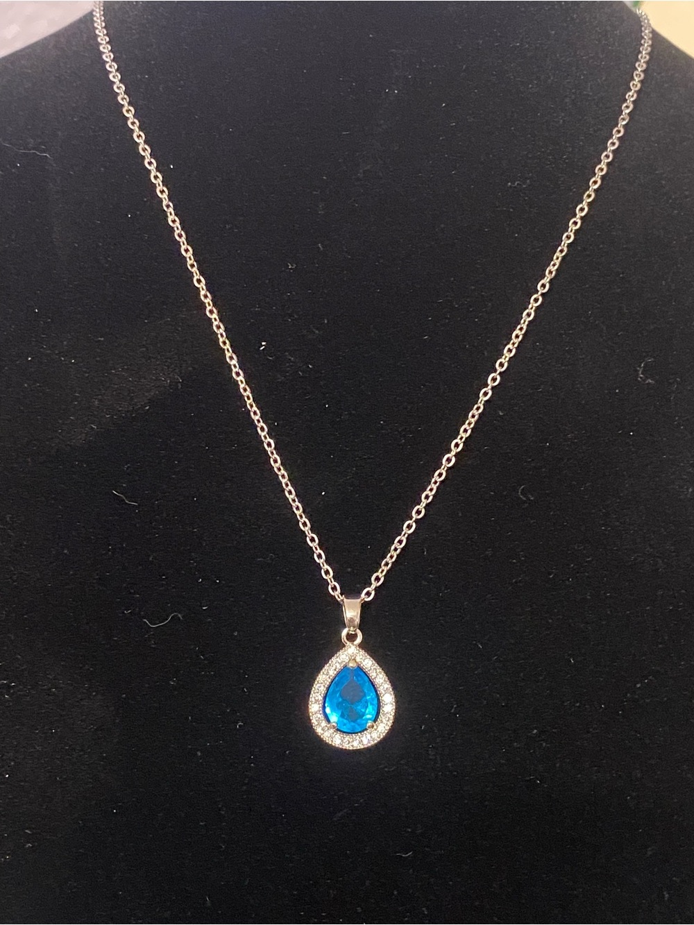 White Gold Austrian Blue Crystal Teardrop Halo Necklace - Nikola Valenti